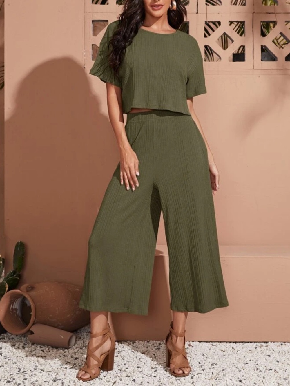Olive Green Ribbed Wide-Leg Jumpsuit Set